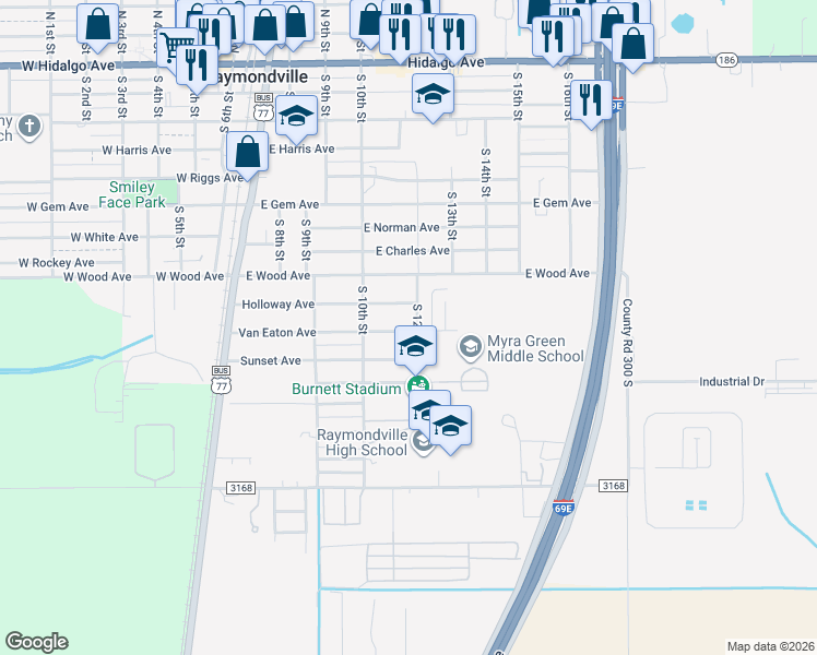 map of restaurants, bars, coffee shops, grocery stores, and more near 400-498 Van Eaton Avenue in Raymondville