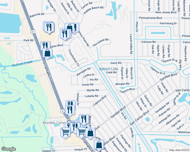 map of restaurants, bars, coffee shops, grocery stores, and more near 7336 Louise Drive in Fort Myers