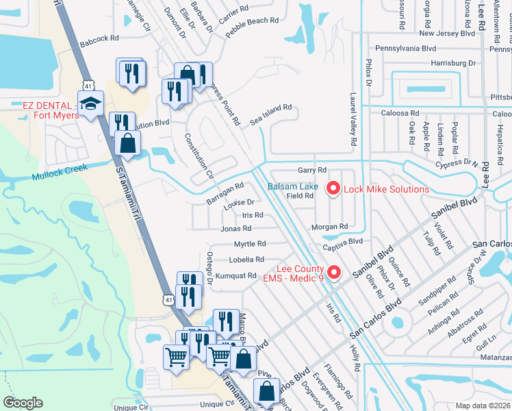 map of restaurants, bars, coffee shops, grocery stores, and more near 7336 Louise Drive in Fort Myers