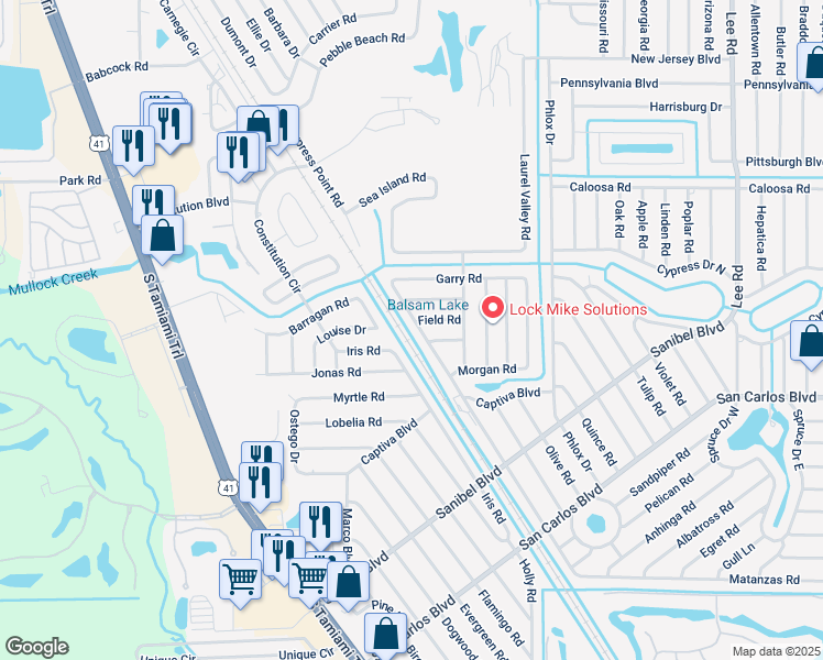 map of restaurants, bars, coffee shops, grocery stores, and more near 18182 Matanzas Road in Fort Myers