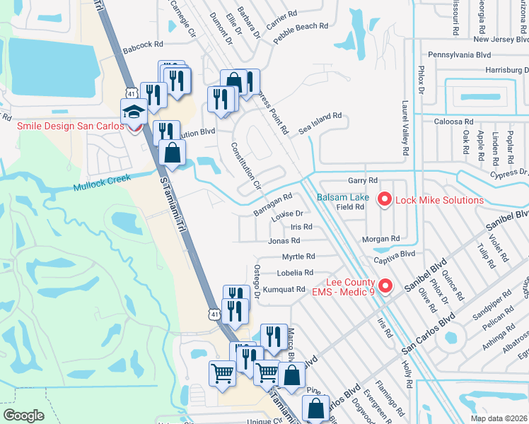 map of restaurants, bars, coffee shops, grocery stores, and more near 7263 Barragan Road in Fort Myers