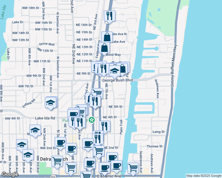 map of restaurants, bars, coffee shops, grocery stores, and more near 712 Northeast 8th Avenue in Delray Beach