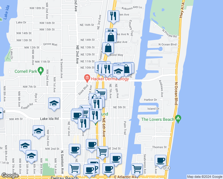 map of restaurants, bars, coffee shops, grocery stores, and more near 712 Northeast 8th Avenue in Delray Beach
