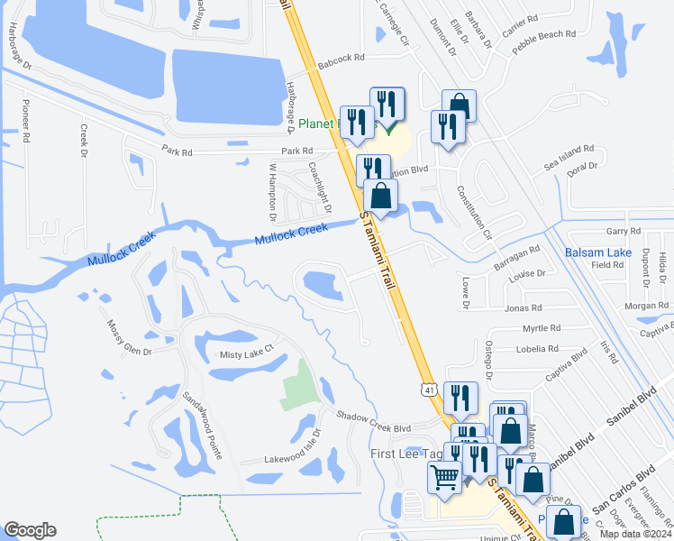 map of restaurants, bars, coffee shops, grocery stores, and more near 18279 Creekside Preserve Loop in Fort Myers
