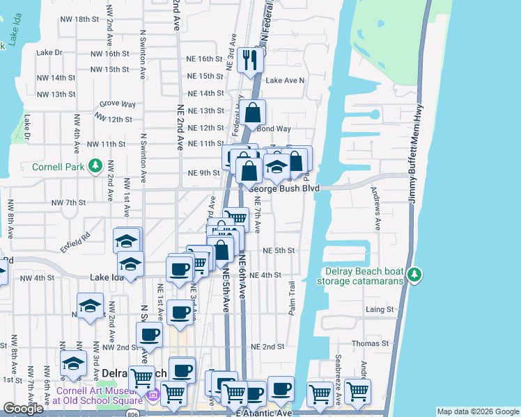 map of restaurants, bars, coffee shops, grocery stores, and more near 712 Northeast 8th Avenue in Delray Beach