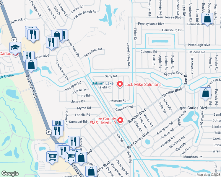 map of restaurants, bars, coffee shops, grocery stores, and more near 7497 Field Road in Fort Myers