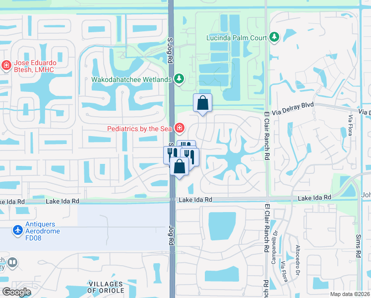 map of restaurants, bars, coffee shops, grocery stores, and more near 13700 Jog Road in Delray Beach