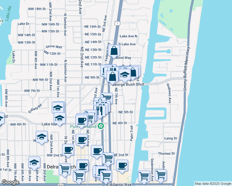 map of restaurants, bars, coffee shops, grocery stores, and more near 745 North Federal Highway in Delray Beach