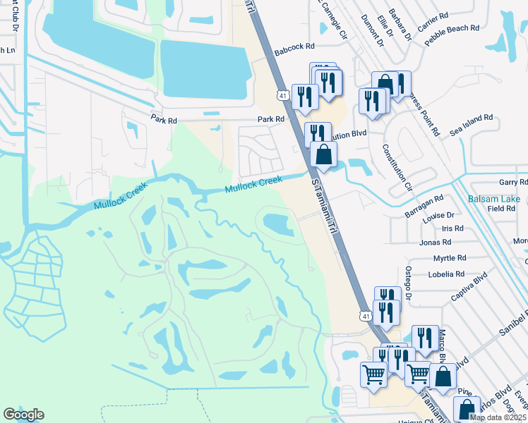 map of restaurants, bars, coffee shops, grocery stores, and more near 18260 Creekside Preserve Loop in Fort Myers