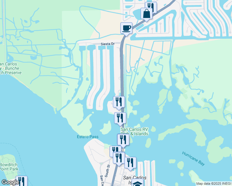 map of restaurants, bars, coffee shops, grocery stores, and more near 18431 Cutlass Drive in Fort Myers Beach