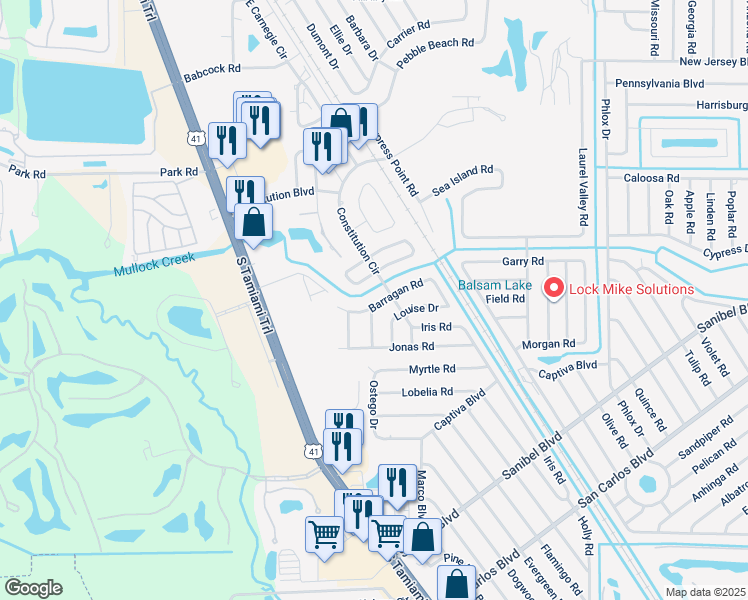 map of restaurants, bars, coffee shops, grocery stores, and more near 7263 Barragan Road in Fort Myers