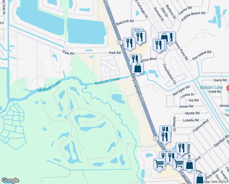 map of restaurants, bars, coffee shops, grocery stores, and more near 18260 Creekside Preserve Loop in Fort Myers