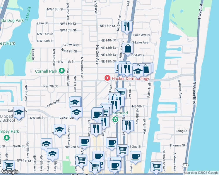 map of restaurants, bars, coffee shops, grocery stores, and more near 726 Northeast 3rd Avenue in Delray Beach