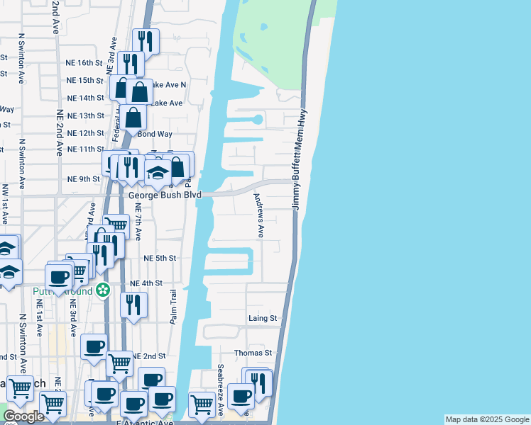 map of restaurants, bars, coffee shops, grocery stores, and more near 1215 Crestwood Drive in Delray Beach