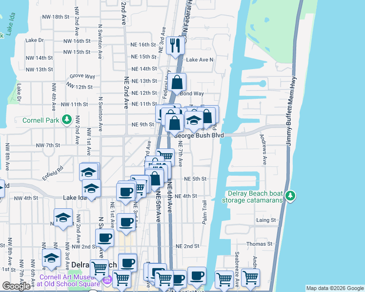 map of restaurants, bars, coffee shops, grocery stores, and more near 712 Northeast 8th Avenue in Delray Beach