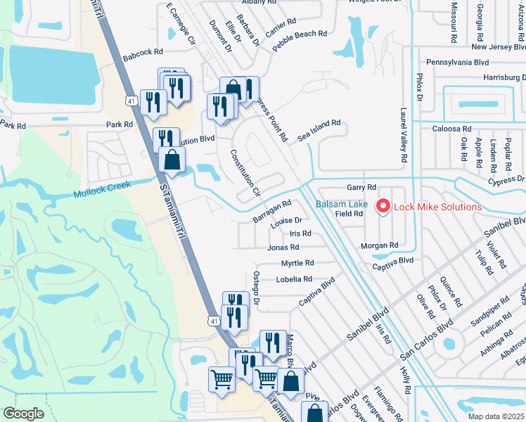 map of restaurants, bars, coffee shops, grocery stores, and more near 7263 Barragan Road in Fort Myers