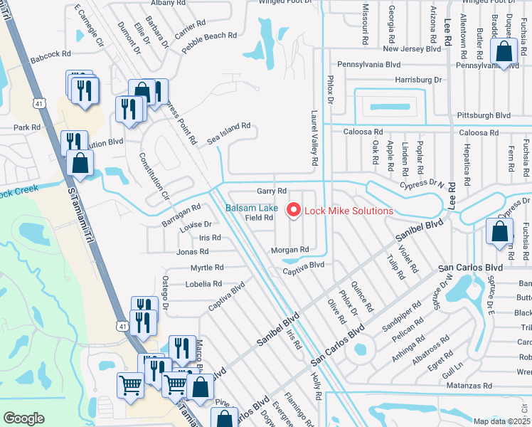 map of restaurants, bars, coffee shops, grocery stores, and more near 7497 Field Road in Fort Myers