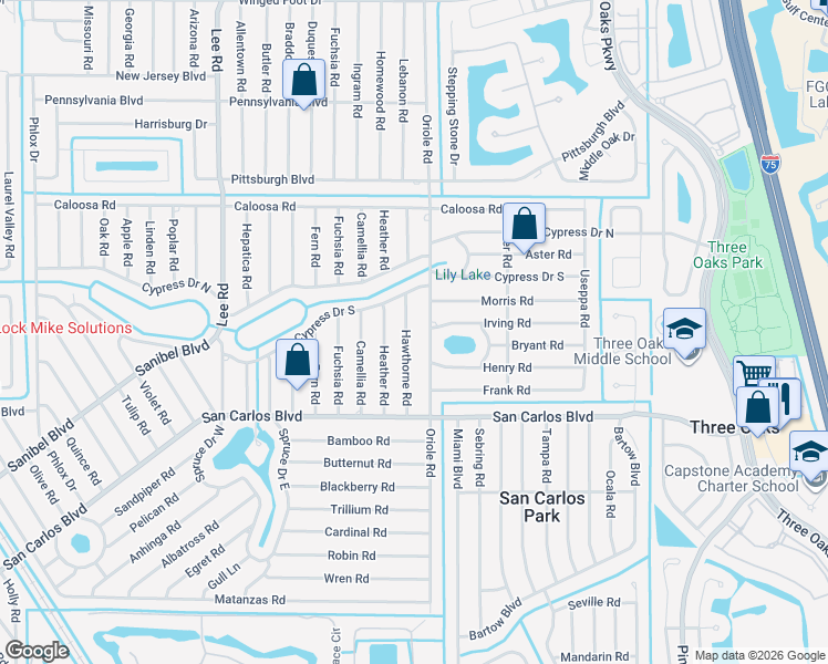 map of restaurants, bars, coffee shops, grocery stores, and more near 18352 Hawthorne Road in Fort Myers