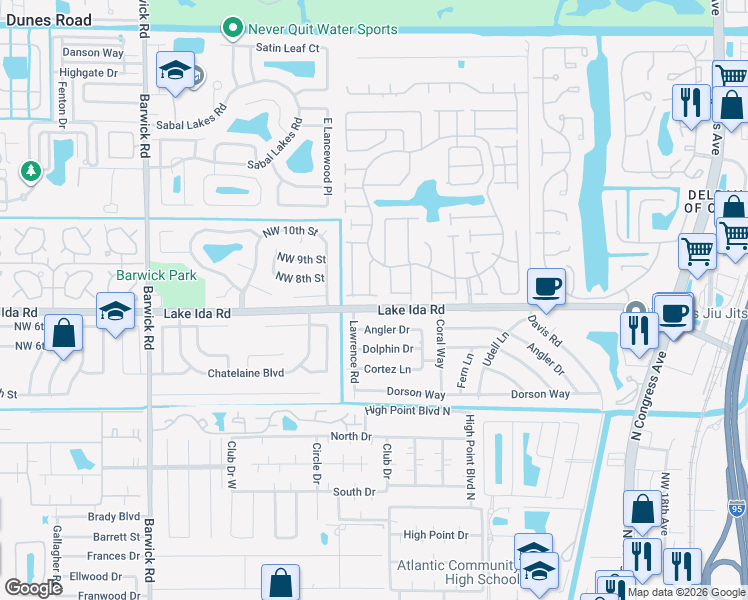 map of restaurants, bars, coffee shops, grocery stores, and more near 3080 Northwest 6th Street in Delray Beach