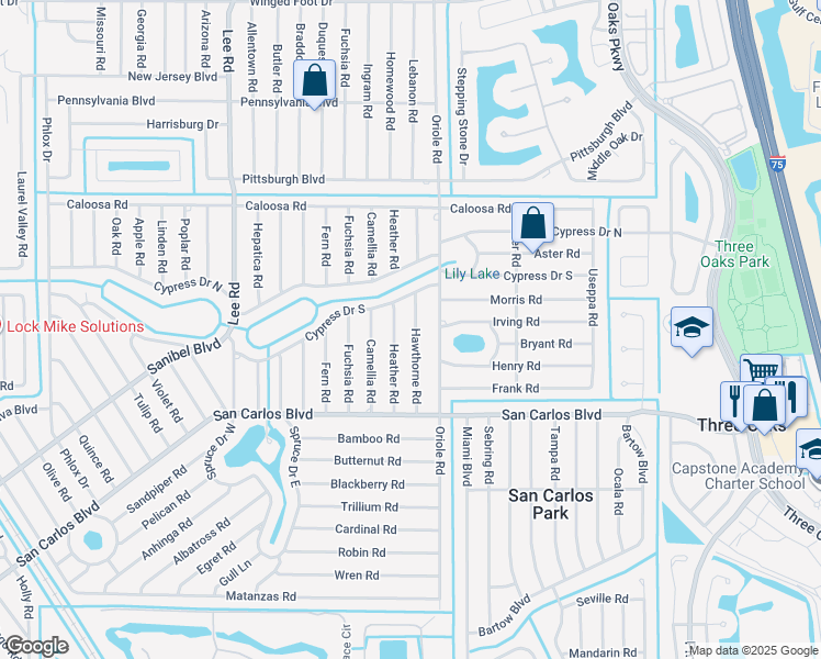 map of restaurants, bars, coffee shops, grocery stores, and more near 18352 Hawthorne Road in Fort Myers