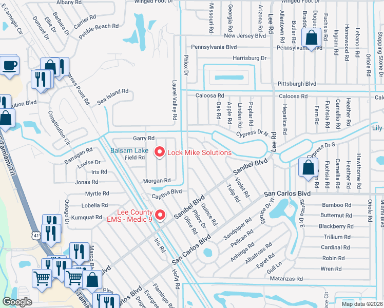 map of restaurants, bars, coffee shops, grocery stores, and more near 18390 Sunflower Road in Fort Myers