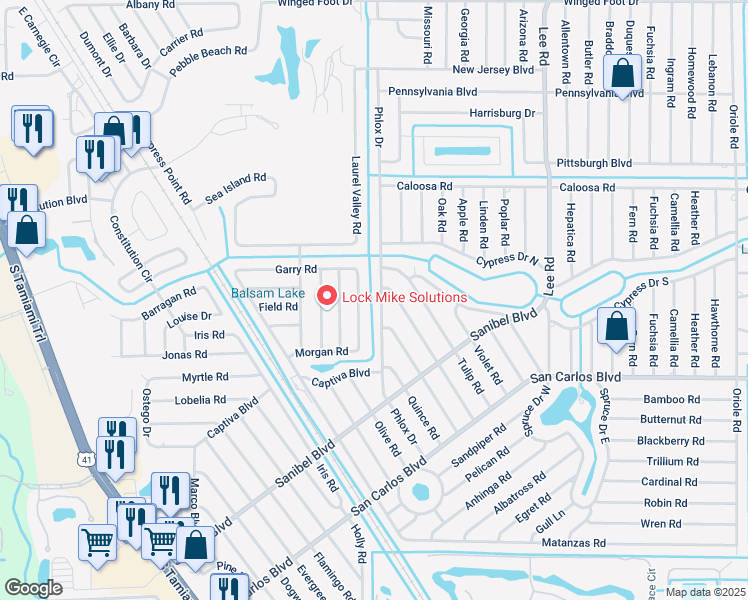 map of restaurants, bars, coffee shops, grocery stores, and more near 18155 Baruch Drive in Fort Myers