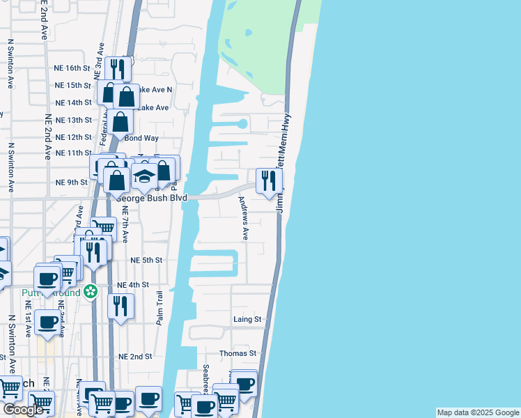map of restaurants, bars, coffee shops, grocery stores, and more near 1215 Crestwood Drive in Delray Beach