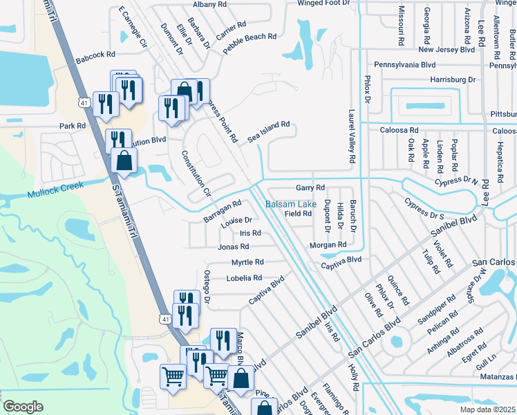 map of restaurants, bars, coffee shops, grocery stores, and more near 7371 Barragan Road in Fort Myers