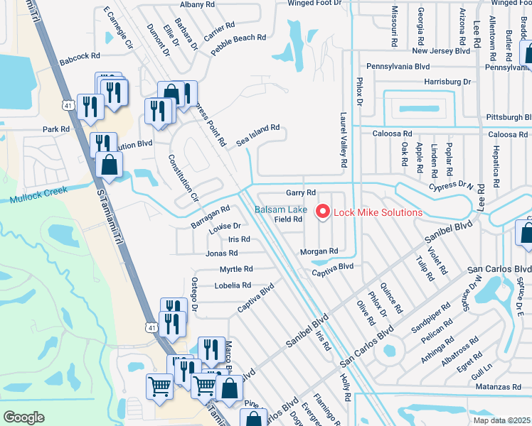 map of restaurants, bars, coffee shops, grocery stores, and more near 18155 Matanzas Road in Fort Myers