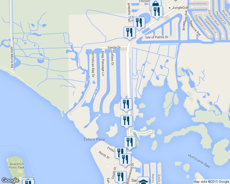 map of restaurants, bars, coffee shops, grocery stores, and more near 18431 Cutlass Drive in Fort Myers Beach