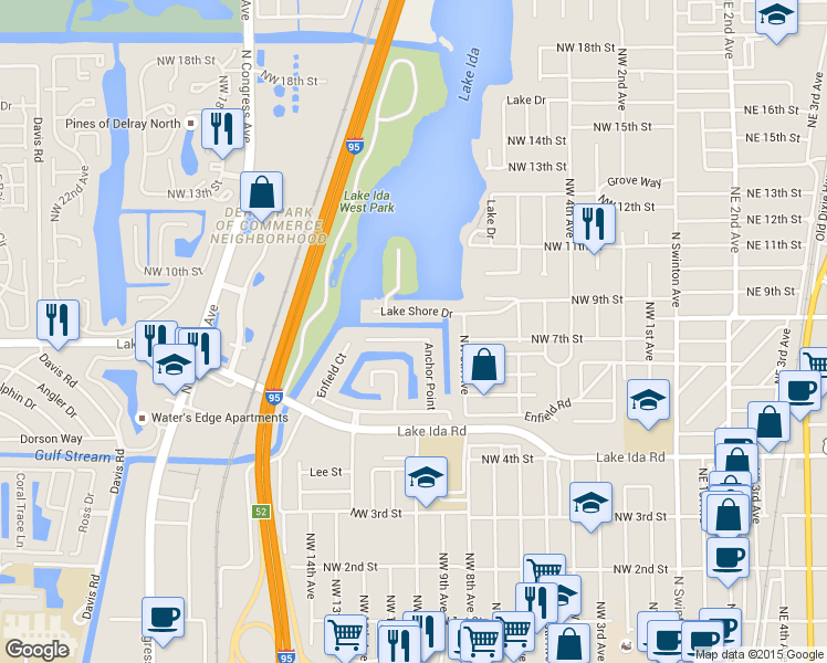 map of restaurants, bars, coffee shops, grocery stores, and more near 1065 Anchor Point in Delray Beach