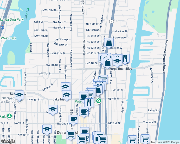 map of restaurants, bars, coffee shops, grocery stores, and more near 220 George Bush Boulevard in Delray Beach