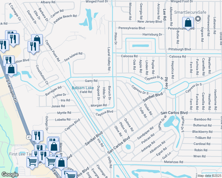 map of restaurants, bars, coffee shops, grocery stores, and more near 18155 Baruch Drive in Fort Myers