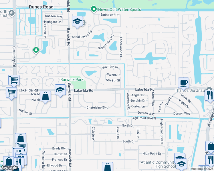 map of restaurants, bars, coffee shops, grocery stores, and more near 3901 Northwest 7th Court in Delray Beach