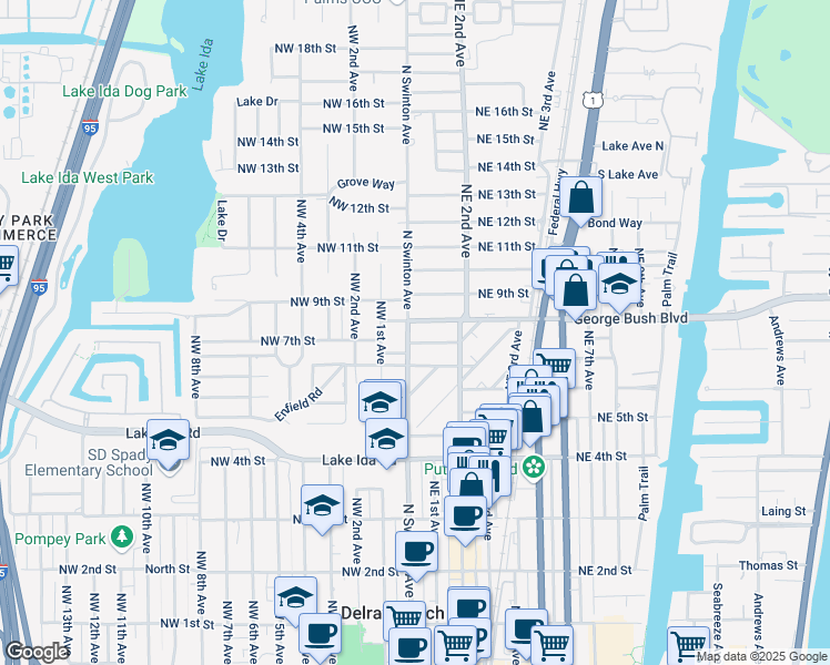 map of restaurants, bars, coffee shops, grocery stores, and more near 711 North Swinton Avenue in Delray Beach