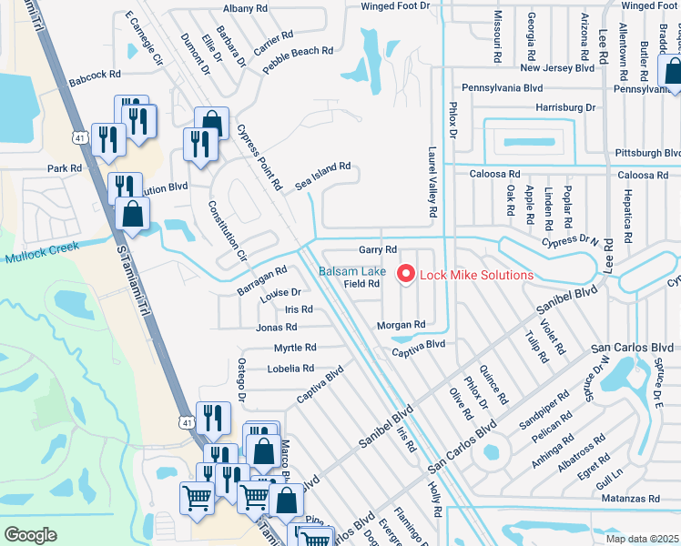 map of restaurants, bars, coffee shops, grocery stores, and more near 18155 Matanzas Road in Fort Myers