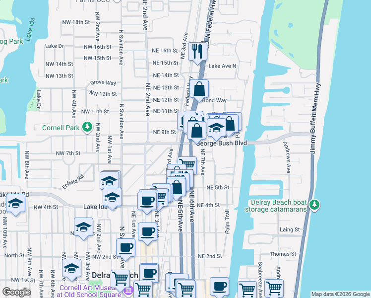 map of restaurants, bars, coffee shops, grocery stores, and more near 745 North Federal Highway in Delray Beach