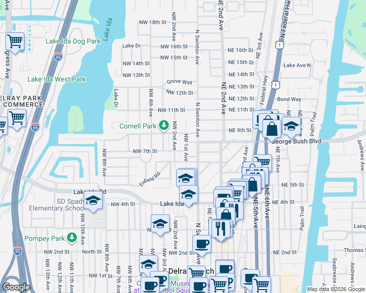 map of restaurants, bars, coffee shops, grocery stores, and more near 105 Northwest 7th Street in Delray Beach