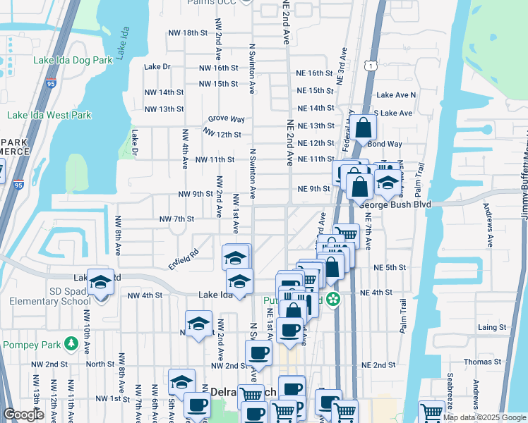 map of restaurants, bars, coffee shops, grocery stores, and more near 711 North Swinton Avenue in Delray Beach