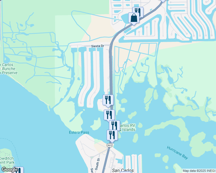map of restaurants, bars, coffee shops, grocery stores, and more near San Carlos Boulevard in Fort Myers Beach
