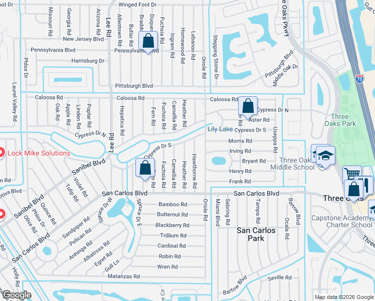 map of restaurants, bars, coffee shops, grocery stores, and more near 18352 Hawthorne Road in Fort Myers