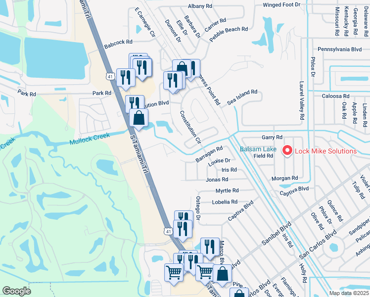 map of restaurants, bars, coffee shops, grocery stores, and more near 7220 Coolidge Road in Fort Myers