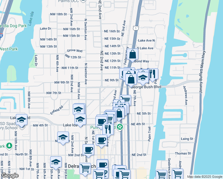 map of restaurants, bars, coffee shops, grocery stores, and more near 220 George Bush Boulevard in Delray Beach