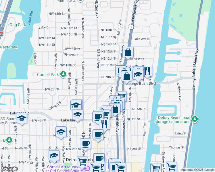 map of restaurants, bars, coffee shops, grocery stores, and more near 230 George Bush Boulevard in Delray Beach