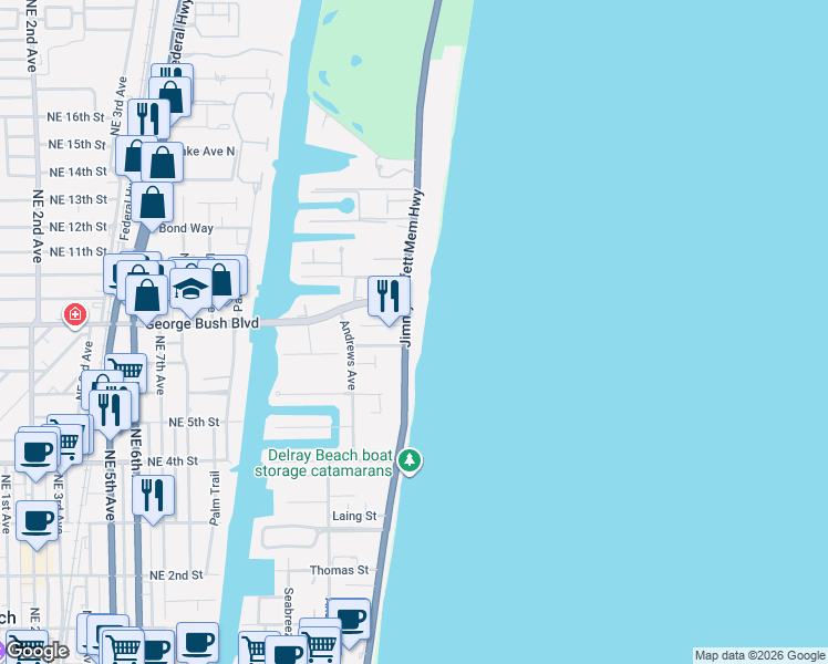 map of restaurants, bars, coffee shops, grocery stores, and more near 711 North Ocean Boulevard in Delray Beach