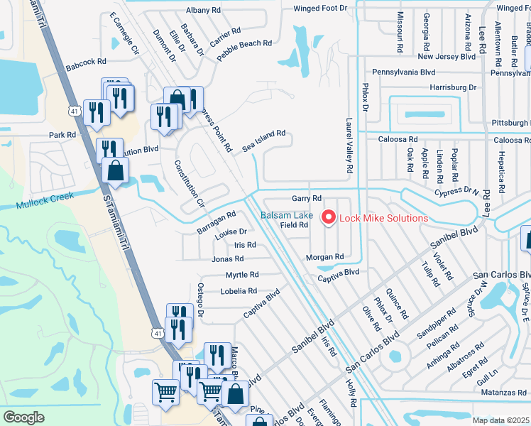 map of restaurants, bars, coffee shops, grocery stores, and more near 18142 Matanzas Road in Fort Myers