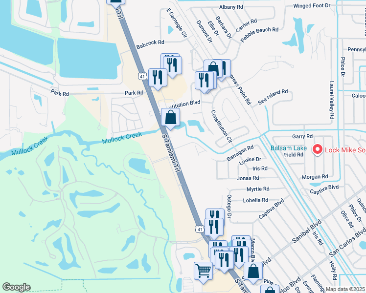 map of restaurants, bars, coffee shops, grocery stores, and more near Greenwood Park Circle in Fort Myers