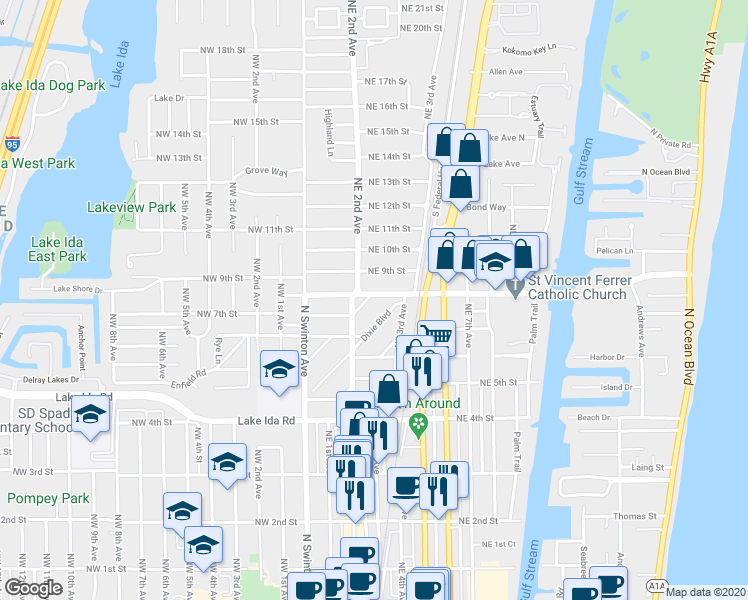 map of restaurants, bars, coffee shops, grocery stores, and more near 220 George Bush Boulevard in Delray Beach