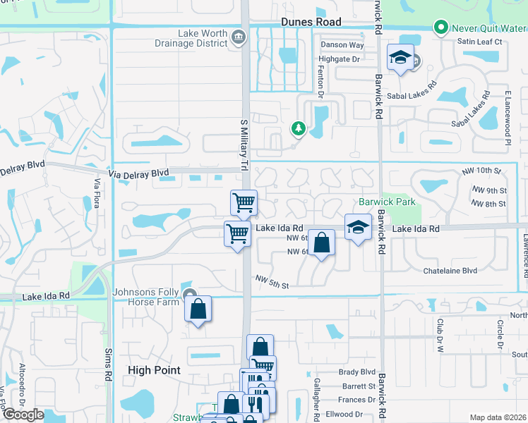 map of restaurants, bars, coffee shops, grocery stores, and more near 604 Hummingbird Lane in Delray Beach
