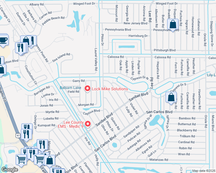 map of restaurants, bars, coffee shops, grocery stores, and more near 18390 Sunflower Road in Fort Myers